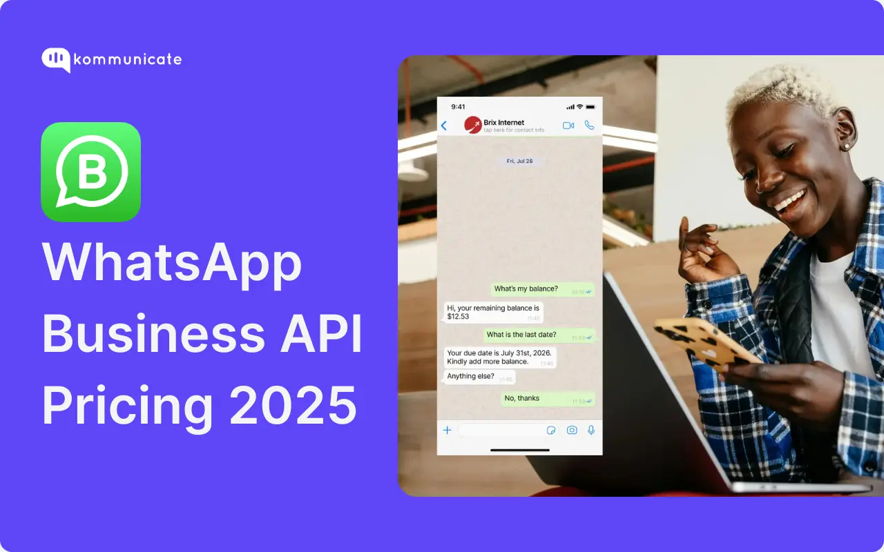 Hero image for the blog WhatsApp Business API Pricing. The image has the text - 'WhatsApp Business API Pricing 2025'. There is a woman on the image who is using her mobile app to chat on WhatsApp.