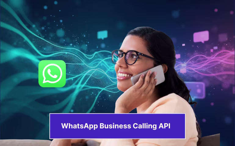 “Smiling woman talking on a smartphone with WhatsApp logo and digital wave graphics in the background, highlighting WhatsApp Business Calling API.”