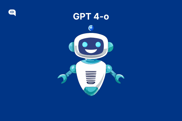 Smiling robot with an antenna on a blue background with the heading “GPT 4-o”.