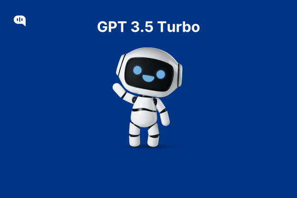 Friendly robot waving on a blue background with the heading “GPT 3.5 Turbo”.