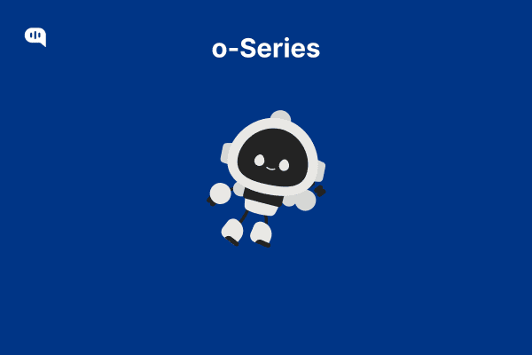 Minimal astronaut-style bot floating on a blue background with the heading “o-Series”.