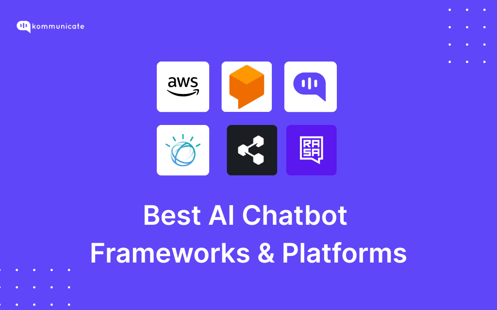 Best AI Chatbot Frameworks and Platforms - logos of AWS, Dialogflow, Kommunicate, IBM Watson, Microsoft Bot Framework, and Rasa on a purple background.