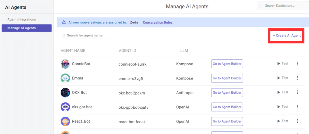 Manage AI Agents screen listing multiple agents with their names, IDs, and LLM type, along with option to test or open the agent builder, and a button to create a new agent.