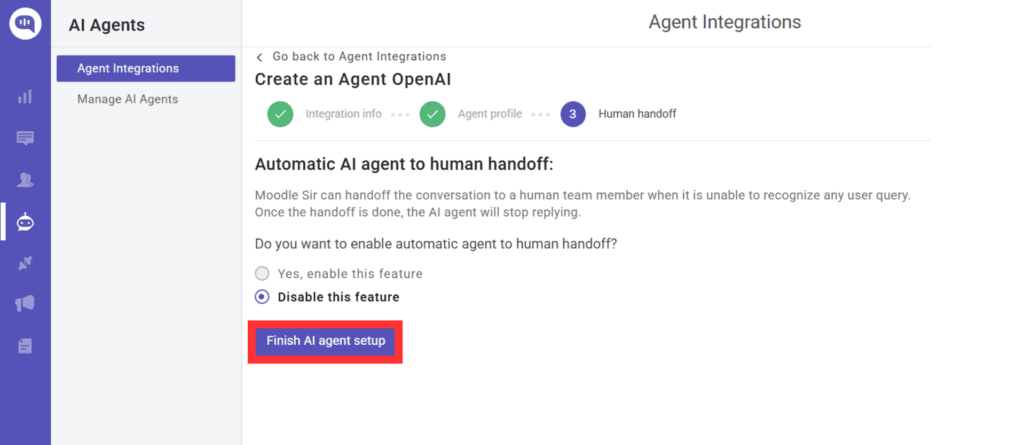 Final setup screen for AI agent handoff, asking whether to enable automatic AI-to-human handoff, with option selected to disable the feature and a button to finish setup