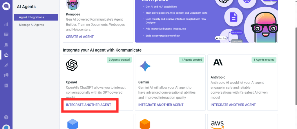 AI agent integration dashboard displaying available integrations including OpenAI, Gemini, Anthropic, and AWS, with an option to integrate another OpenAI agent.
