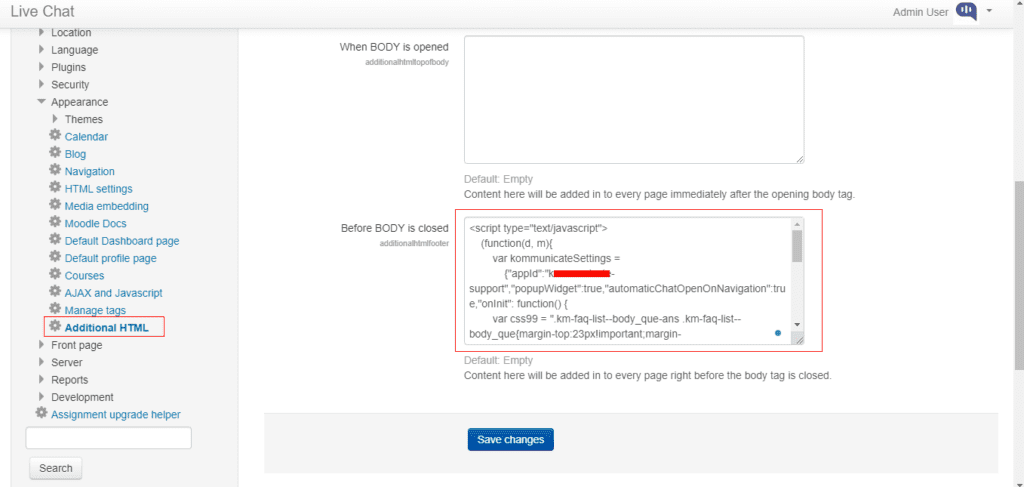 Moodle site administration menu expanded to show options under “Appearance,” highlighting where additional HTML for live chat integration can be added.