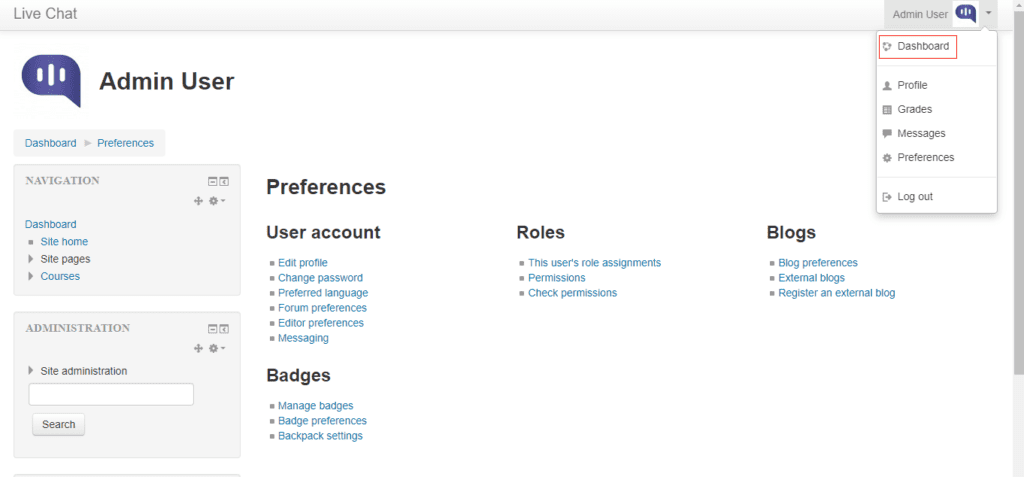 Moodle admin user preferences screen displaying sections for user account settings, roles, badges, and blog preferences, with navigation and administration menus on the left.