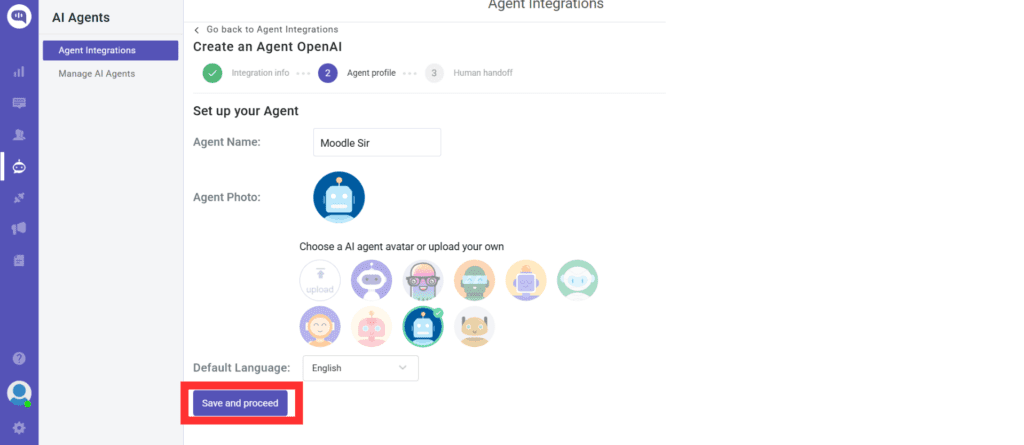 Agent profile setup screen for AI agent named "Moodle Sir," showing avatar selection, default language dropdown, and a Save and Proceed button.