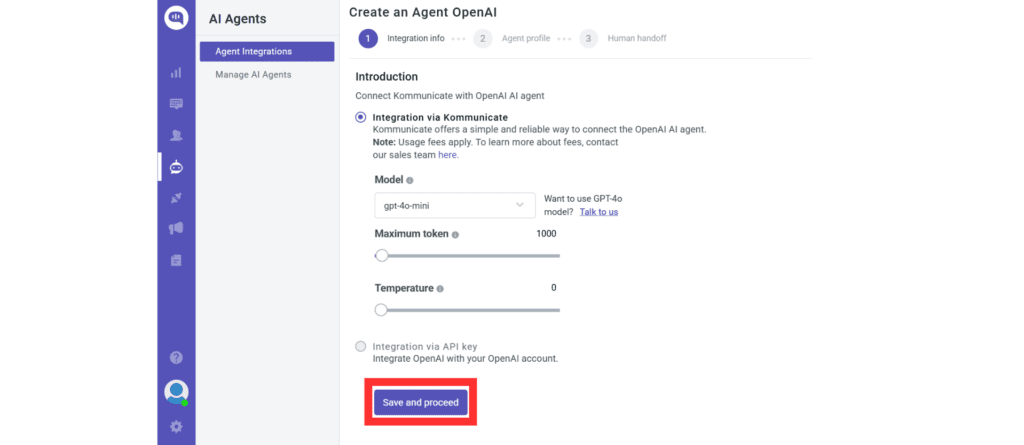 OpenAI agent integration settings screen with model selection dropdown, token limit slider, temperature control, and Save and Proceed button.