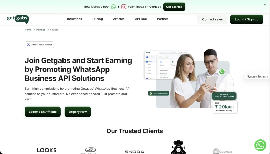Homepage screenshot for Getgabs, a WhatsApp automation platform.