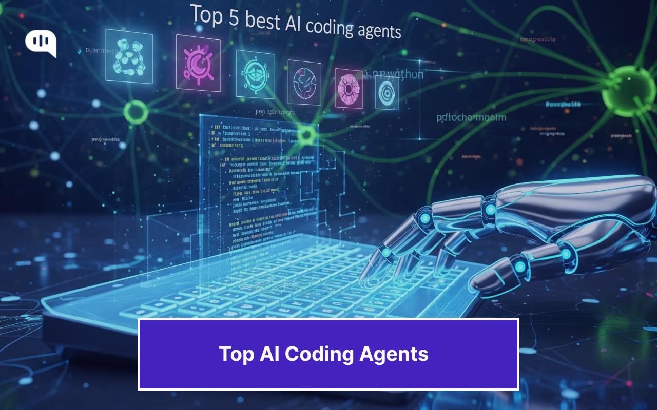 Futuristic robotic hand typing on a laptop with holographic code and AI icons in the background, representing the top AI coding agents.
