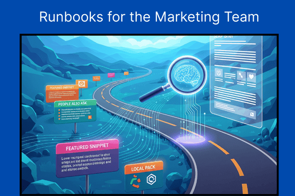 Illustration of a digital marketing roadmap with signs for featured snippets, people also ask, and local pack results, alongside a magnifying glass scanning data, representing ChatGPT Agent Mode runbooks for the marketing team.