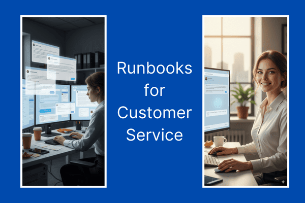 Collage showing customer service professionals using multiple monitors with chat interfaces, alongside text that reads “Runbooks for Customer Service.”