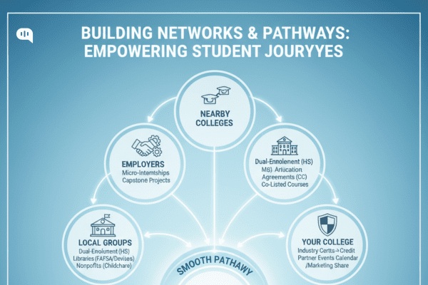 College enrollment pathways infographic showing connections between nearby colleges, employers, local groups, and student opportunities