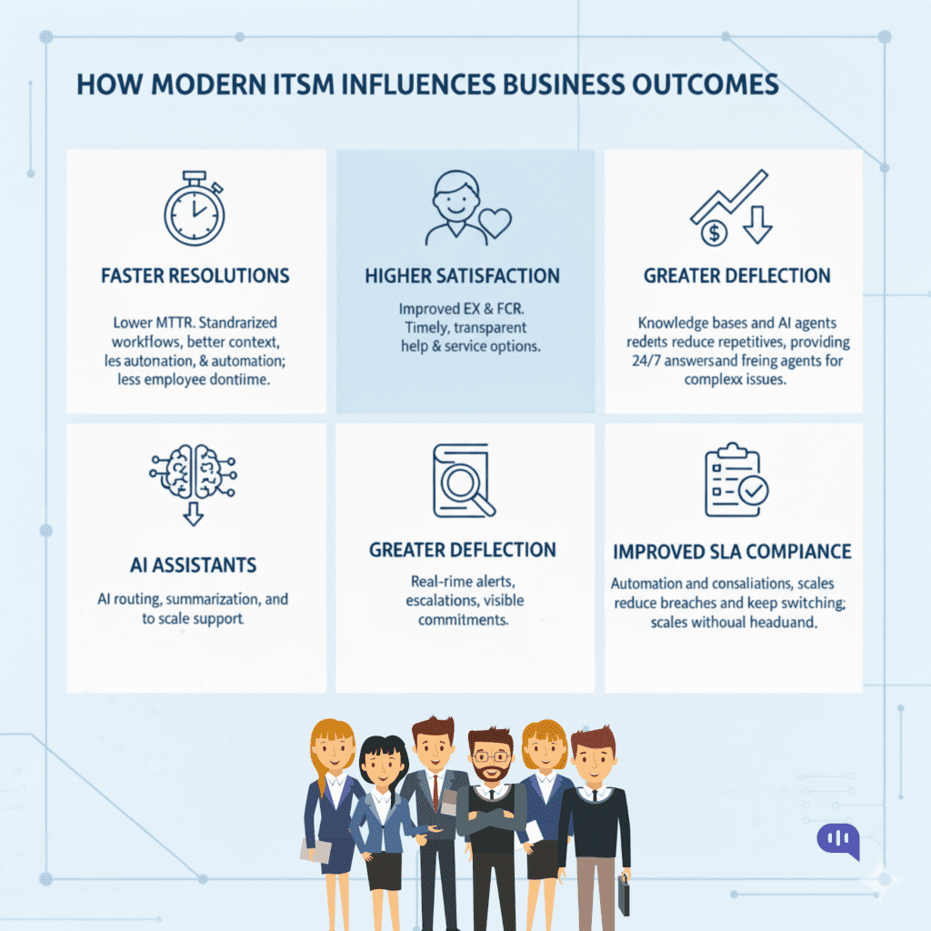 How Modern ITSM Influences Business Outcomes Grid graphic showing ITSM benefits: faster MTTR, better EX and FCR, 24/7 deflection via KB/AI, AI assistants for routing and summaries, and stronger SLA compliance.