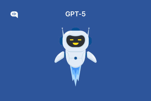 A cute white robot with antennas and a smiling face flying with speed. The background is solid blue with the text “GPT-5” at the top.