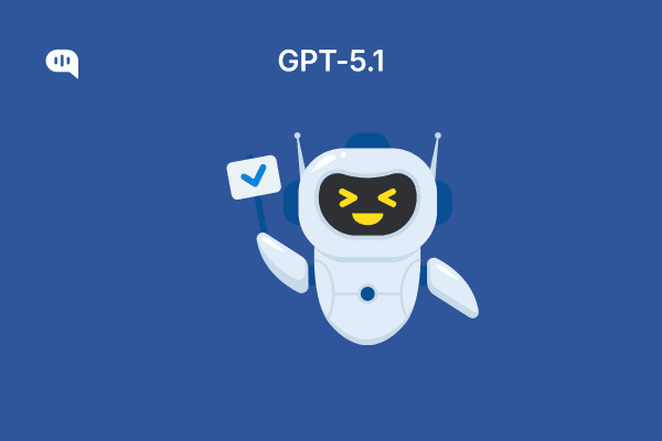 A cute white robot with antennas and a smiling face holding a small sign with a blue checkmark. The background is solid blue with the text “GPT-5.1” at the top.