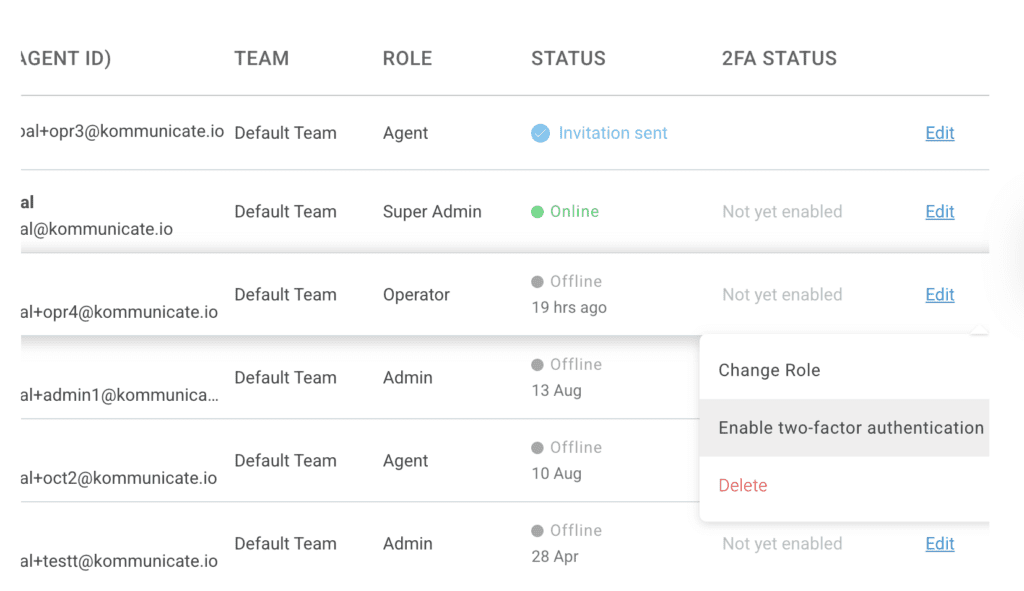 Screenshot of the Kommunicate Teammates settings page showing agent roles, statuses, and the option to enable two-factor authentication for individual team members.