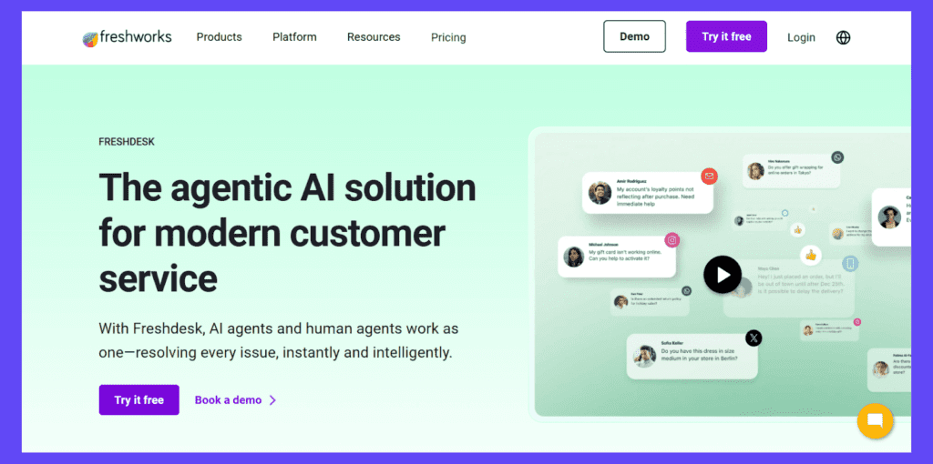 Freshdesk Freshdesk website homepage showcasing AI-powered customer service solution where AI and human agents collaborate to resolve issues efficiently.