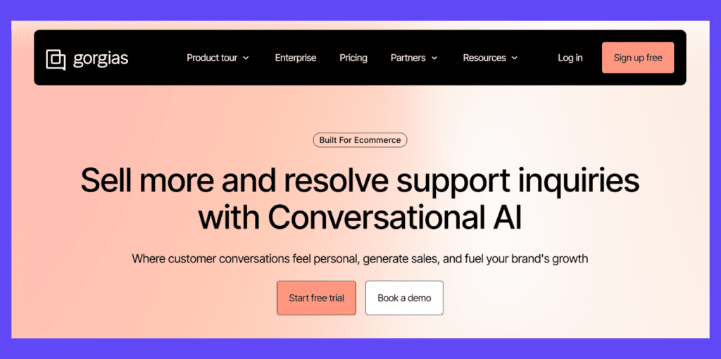 Gorgias Gorgias website homepage highlighting conversational AI for e-commerce, promoting tools to increase sales and automate customer support inquiries.