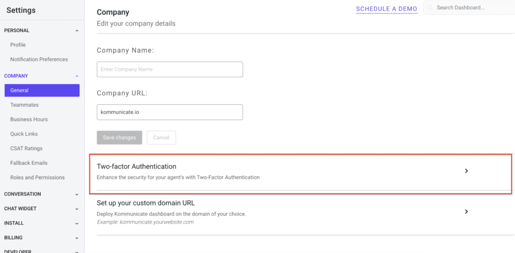 Screenshot of Kommunicate's Company Settings page highlighting the Two-factor Authentication section for enabling account-wide security.
