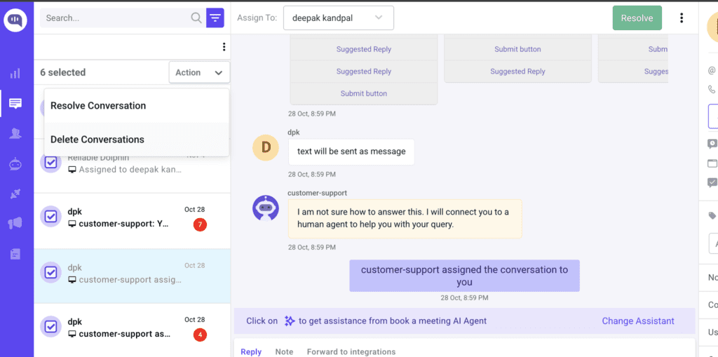 Screenshot of Kommunicate’s conversation inbox displaying multiple conversations selected with the Action menu open showing Resolve and Delete options