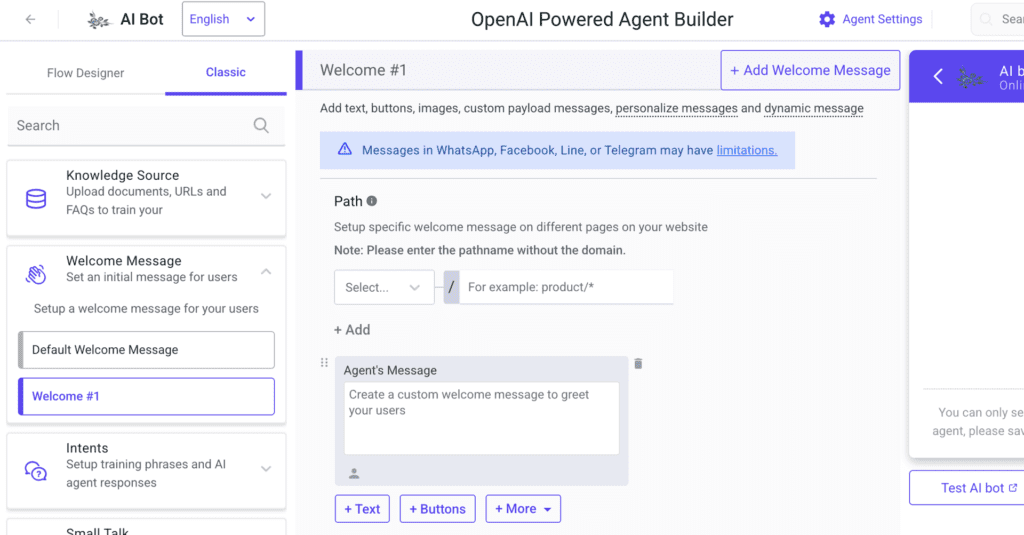 Screenshot of the Kommunicate AI Bot Builder showing multiple welcome messages setup with options to add text, buttons, and custom paths.