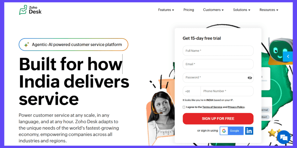 Zoho Desk Zoho Desk website homepage promoting agentic AI-powered customer service platform with a 15-day free trial signup form.