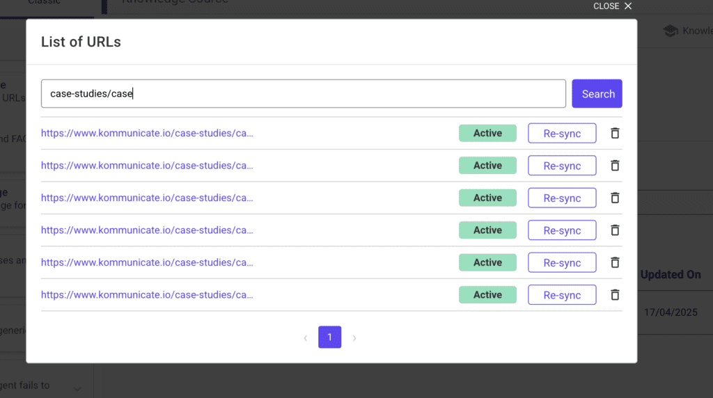 Screenshot of Kommunicate’s Knowledge Source showing a searchable list of trained URLs with status indicators and re-sync buttons