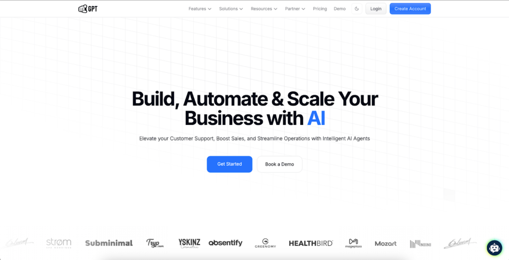 YourGPT AI Automation Platform YourGPT homepage showing its no-code AI automation platform for building and scaling customer support workflows across multiple channels.