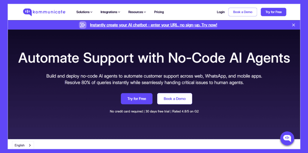 Kommunicate Kommunicate website homepage highlighting no-code AI agents for automating customer support across web, WhatsApp, and mobile apps.