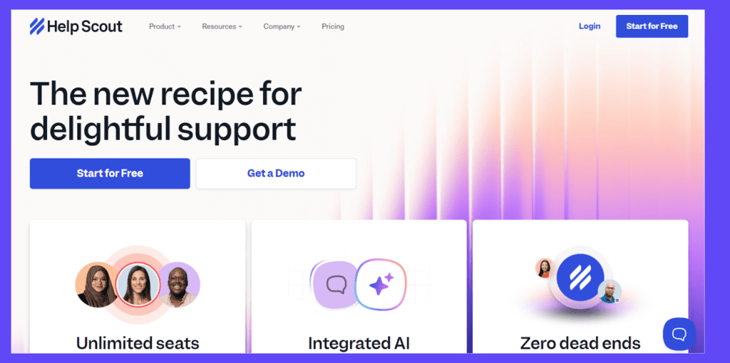 Help Scout Help Scout website homepage showcasing modern customer support features including unlimited seats, integrated AI, and zero dead ends for seamless service.