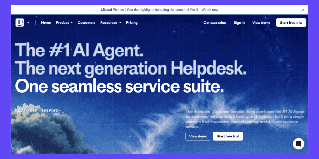 Intercom Intercom website homepage promoting Fin AI Agent and Helpdesk suite as the next-generation customer service platform with unified automation tools.
