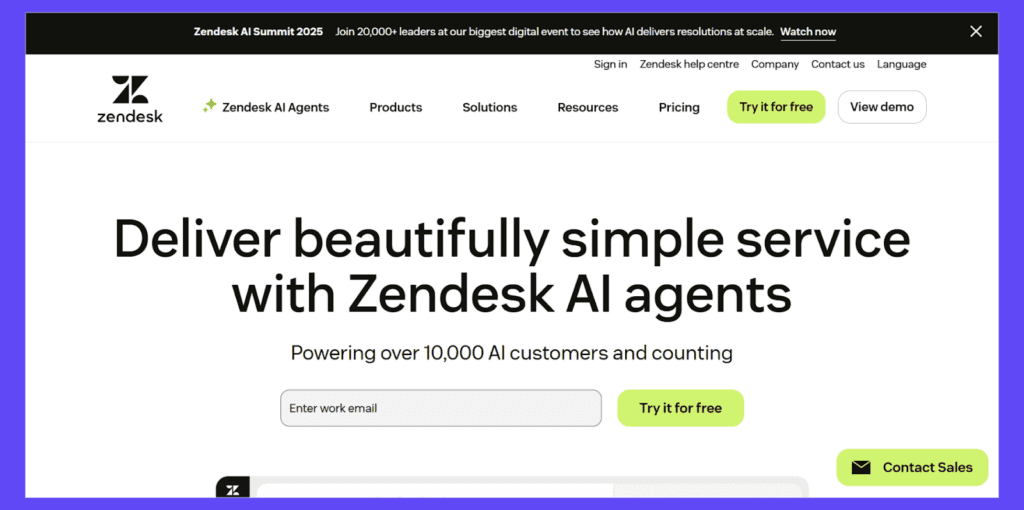 Zendesk landing page