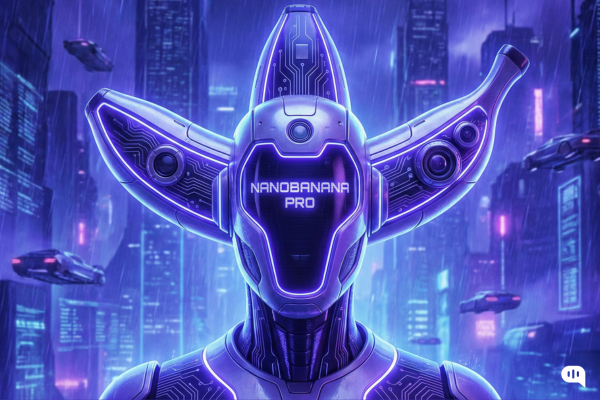 Front-facing purple-and-silver “NanoBanana Pro” robot with banana-shaped headgear and circuit details, set in a rainy neon city with flying vehicles.