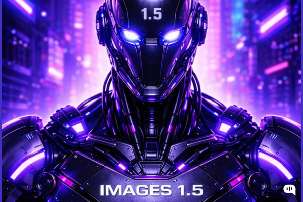 Close-up of a futuristic black-and-purple robot with glowing blue eyes and “IMAGES 1.5” on its chest, set against a neon cyberpunk city background.