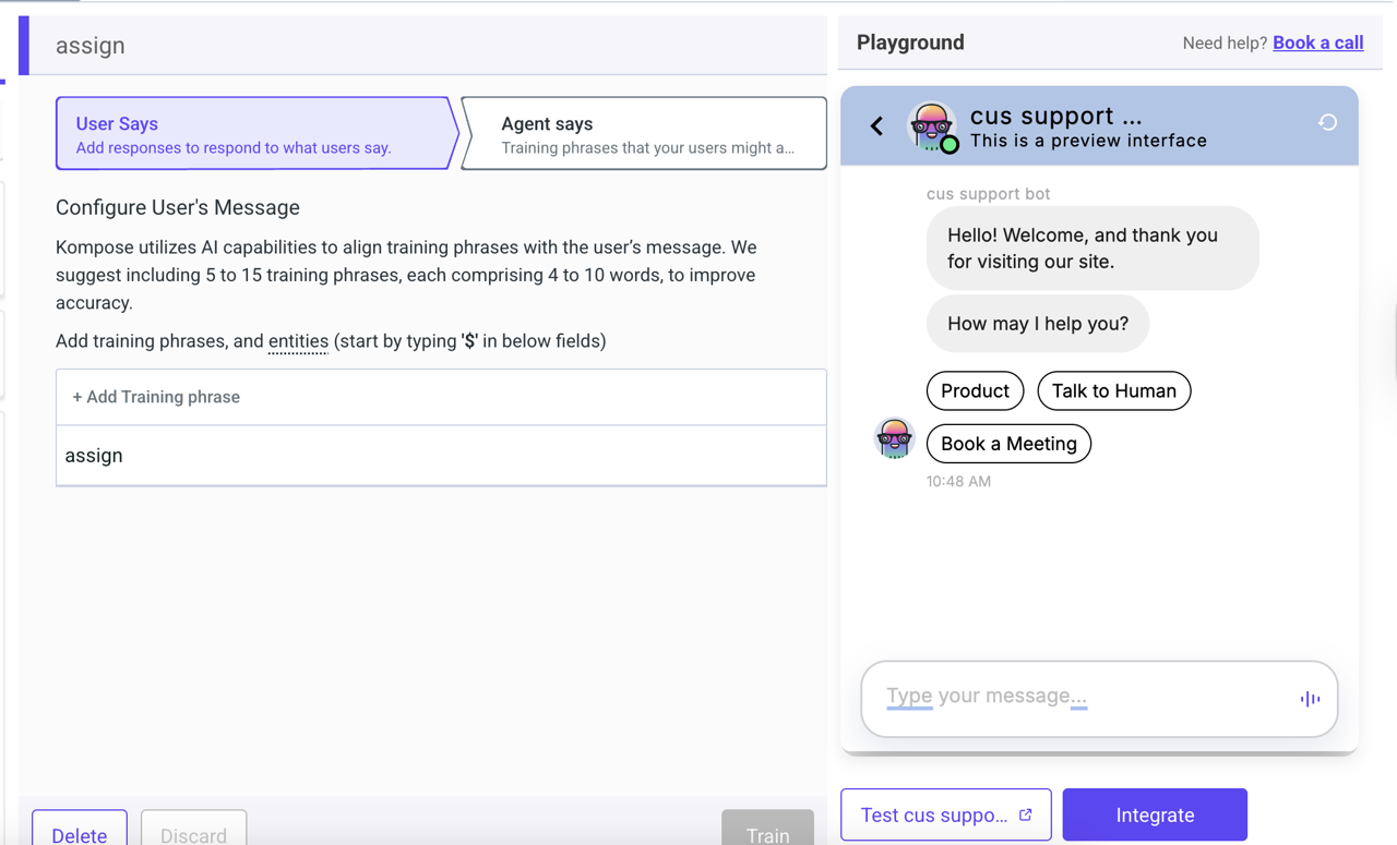 Kommunicate bot builder displaying a live widget preview and playground for testing intents and responses in real time.