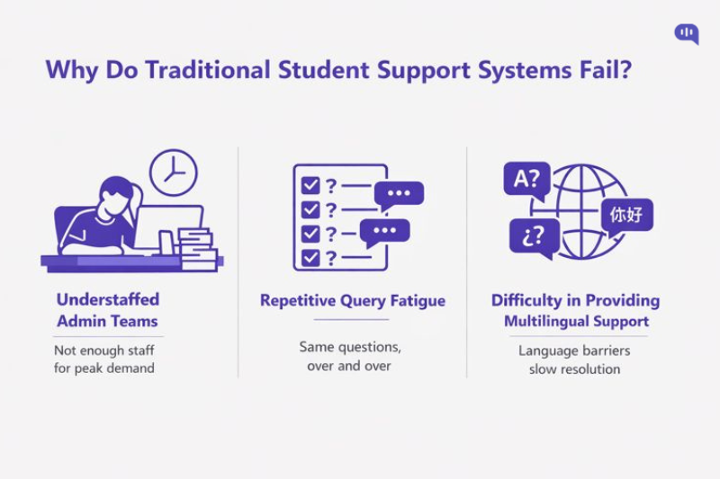Infographic titled 'Why Do Traditional Student Support Systems Fail?' illustrating three key challenges: understaffed admin teams during peak demand, repetitive query fatigue from recurring questions, and difficulty providing multilingual support due to language barriers.