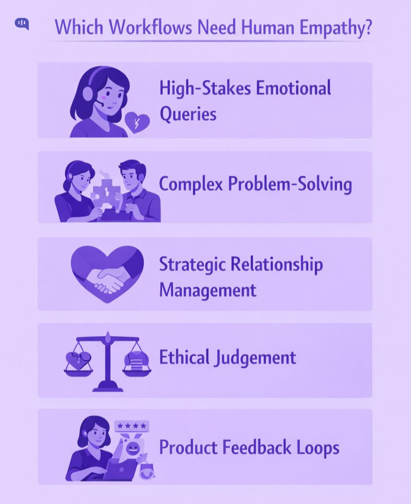 Illustration showing customer support workflows that require human empathy — including emotional issue handling, complex problem-solving, strategic relationship management, ethical judgement, and product feedback loops.