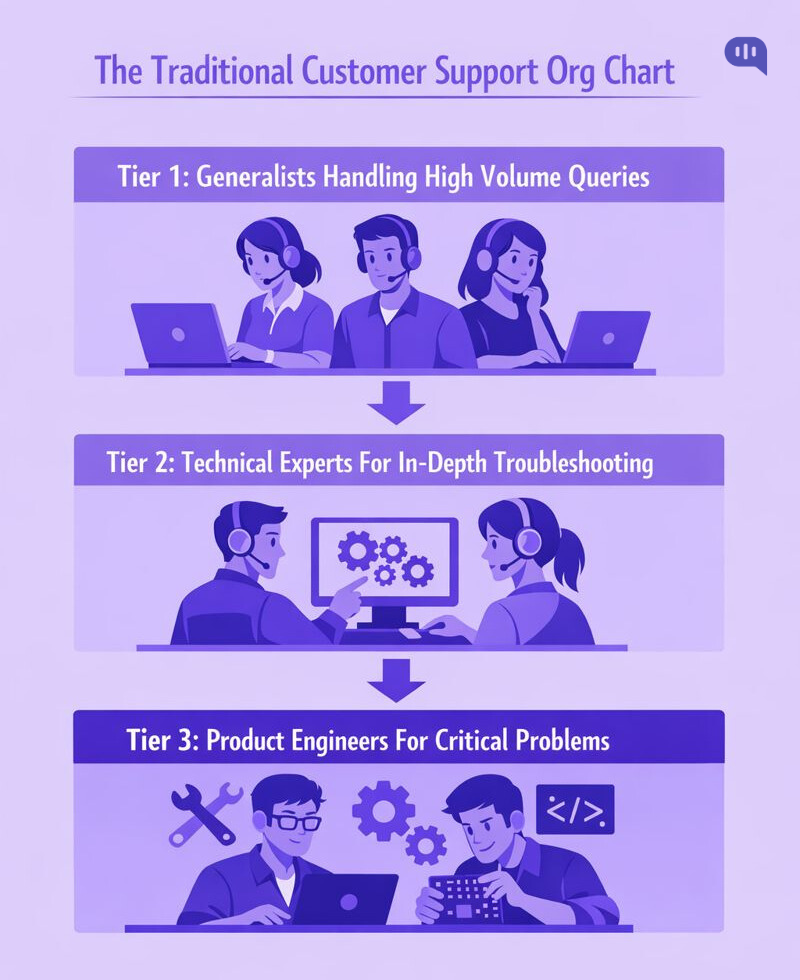 Illustration of the traditional three-tier customer support org chart, showing Tier 1 generalist agents, Tier 2 technical specialists, and Tier 3 product engineers handling critical issues.