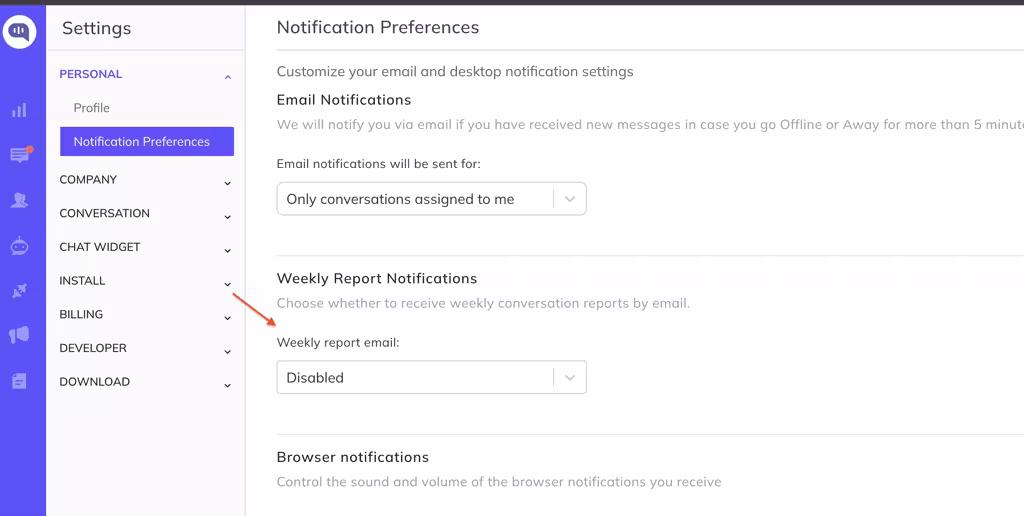 Kommunicate notification preferences settings page showing email notification options and weekly report email toggle set to disabled.