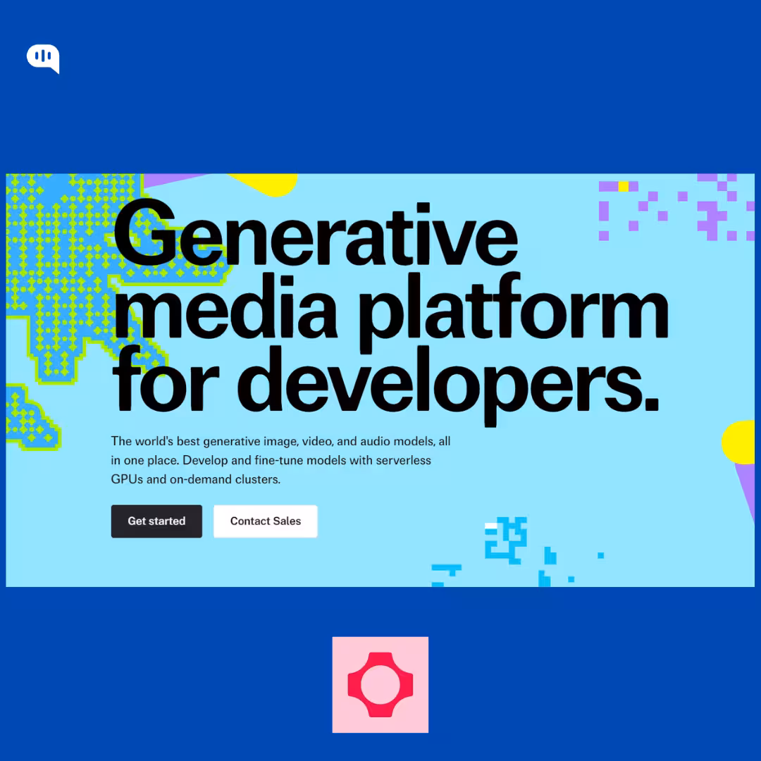 A screenshot of the fal homepage featuring the headline 'Generative media platform for developers' against a light blue background with pixelated graphics, with the pink fal logo displayed below.