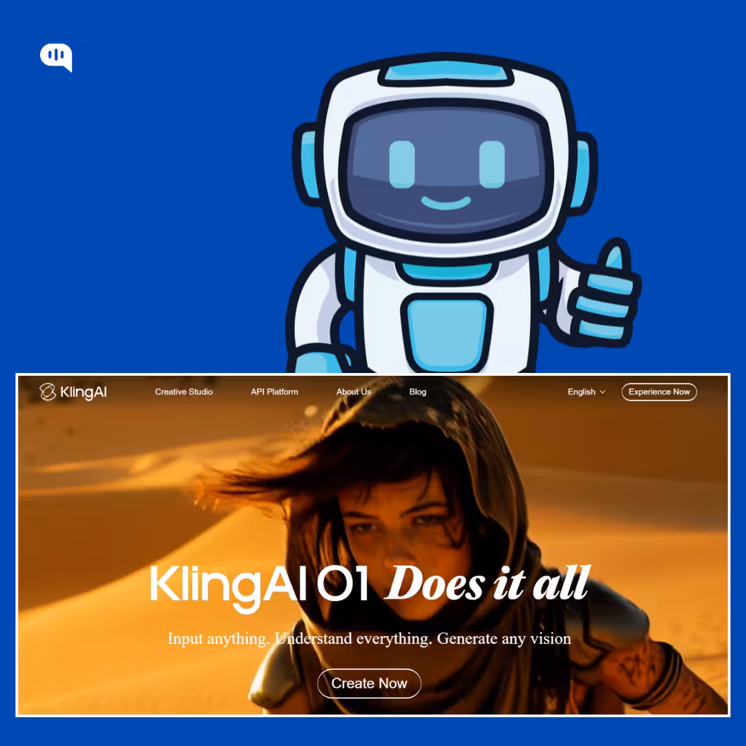 A friendly white and cyan robot mascot giving a thumbs-up above a screenshot of the KlingAI interface, featuring a cinematic video example of a character in a desert and the headline 'KlingAI 01 Does it all'.