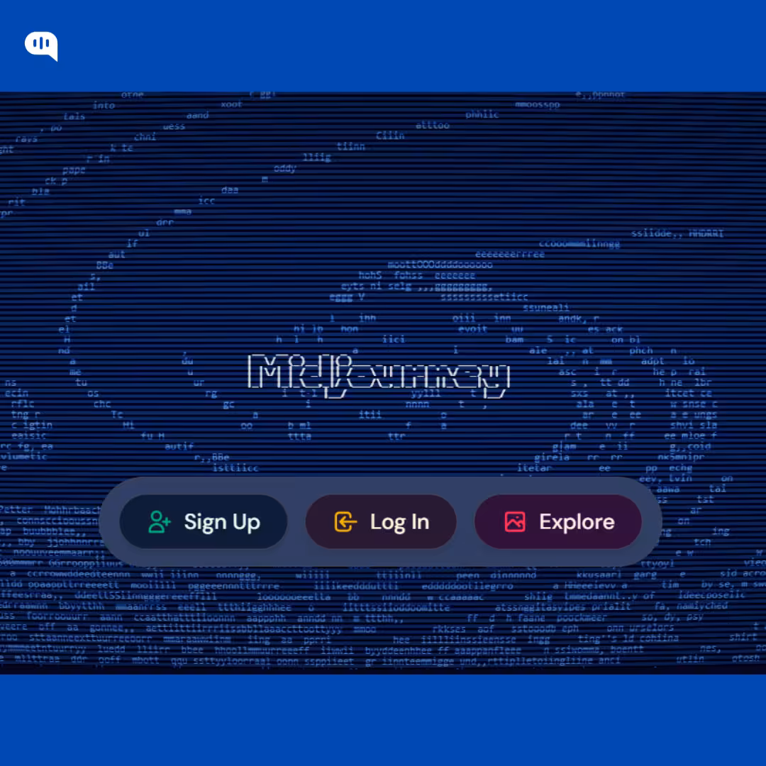 A screenshot of the Midjourney homepage featuring the stylized logo against a dark, matrix-style digital background, with prominent buttons to Sign Up, Log In, and Explore.