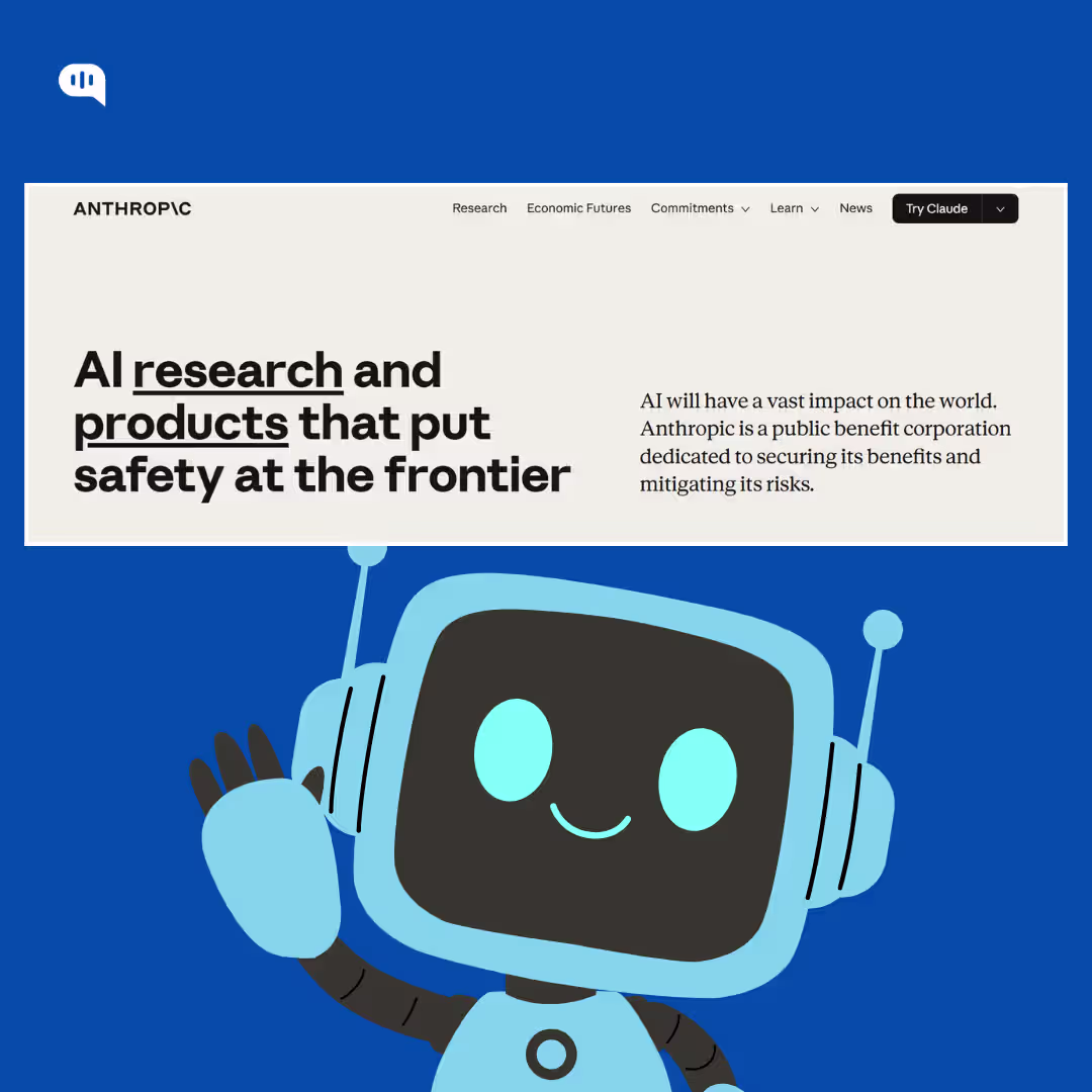 A friendly blue robot mascot waving in front of a screenshot of the Anthropic homepage, featuring the headline 'AI research and products that put safety at the frontier'.