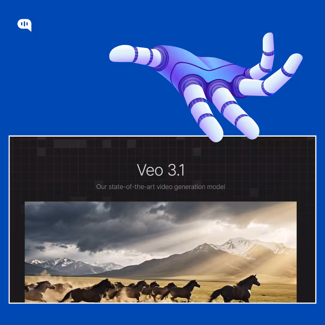 A blue robotic hand gesturing over a screenshot of the Veo 3.1 interface, displaying a cinematic video of galloping horses and the text 'Our state-of-the-art video generation model'.