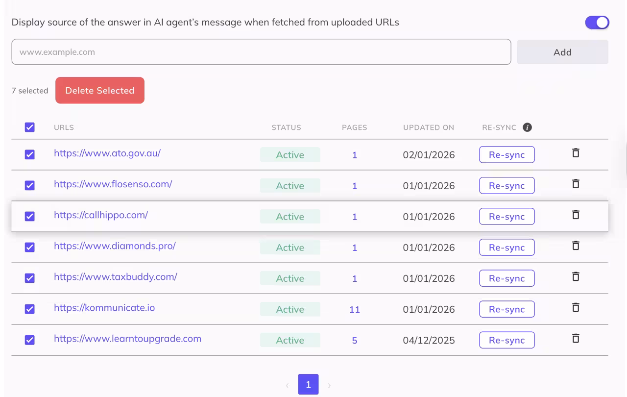 Kommunicate knowledge source manager displaying uploaded documents list with file types, status, and bulk delete selection option.
