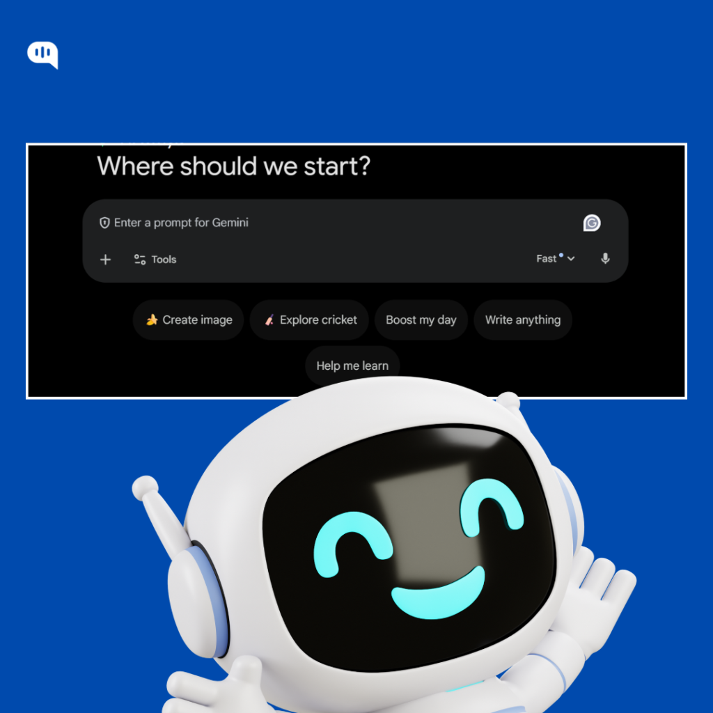 A cheerful white robot mascot with glowing cyan eyes posing in front of a screenshot of the Google Gemini interface, which displays the prompt 'Where should we start?' and various action buttons.