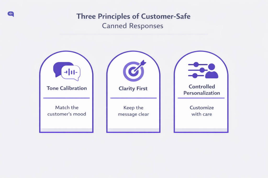 Three Principles of Canned Responses Guide to the three core principles of customer-safe canned responses, focusing on tone calibration, message clarity, and controlled personalization to improve customer satisfaction.