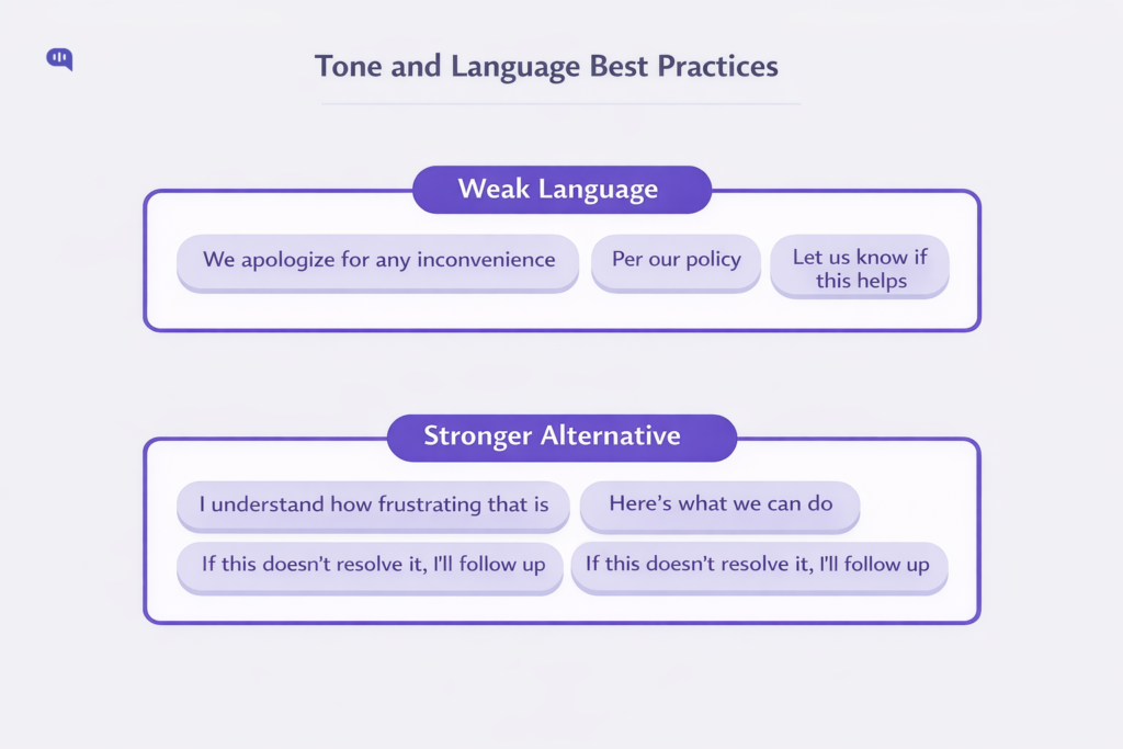 Best Practices for Tone and Language Guide to customer service tone and language best practices, illustrating how to replace generic canned responses with empathetic, solution-oriented alternatives.